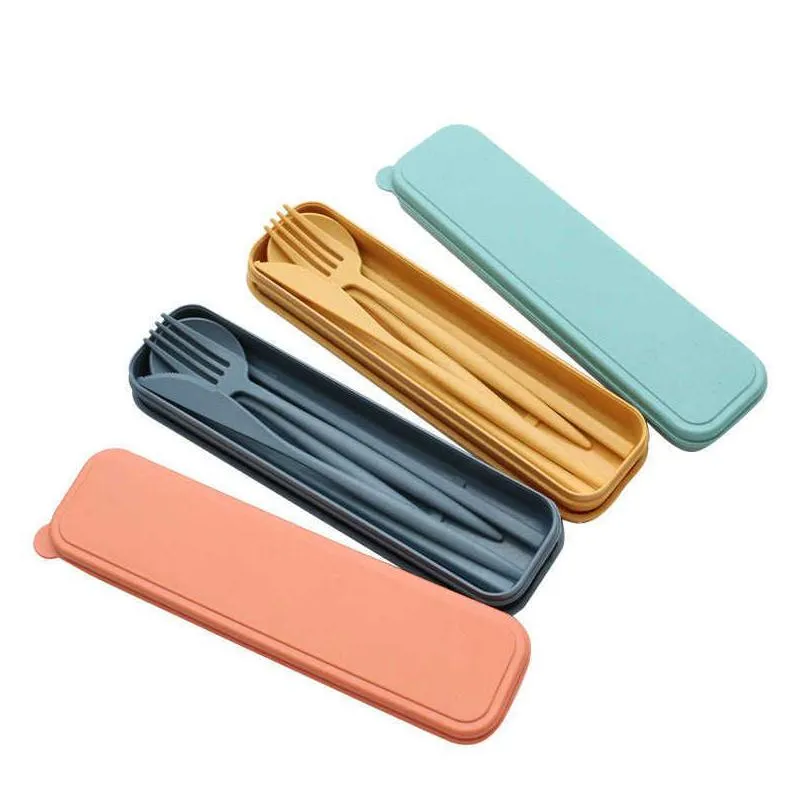 Storage Bags New Storage Bags 4Pcs/Set Dinnerware Sets Creative With Case Plastic Knife Fork Spoon Chopsticks Travel Cutlery For Kitch Dhliw