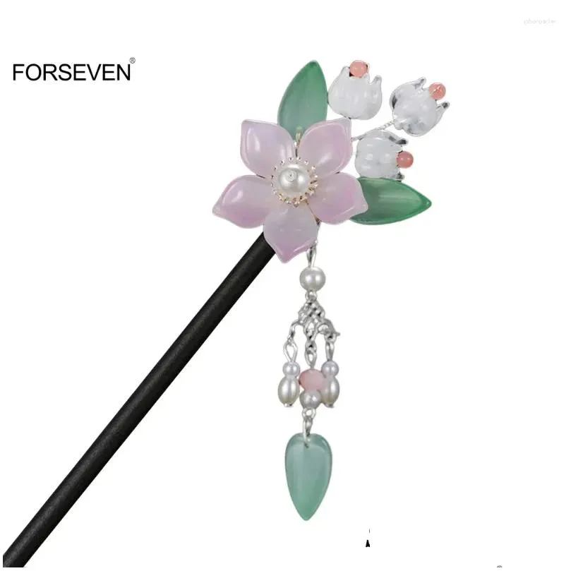 hair clips chinese style sticks forks pink flower hairpins for women and girls wooden handmade bun holder pendant jewelry