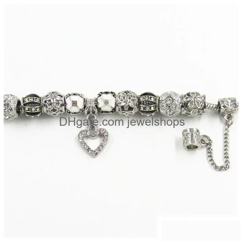 charm bracelets heart flower shape bracelets  designs 925 sier vintage beads bangle charms girls lady crystal rhinestone diamo