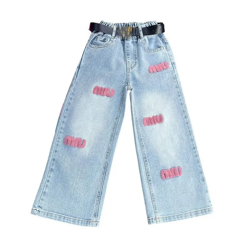 fashion big girls jeans old kids towel letter embroidered denim pants 2024 spring teenagers wide-legs  trousers z6925