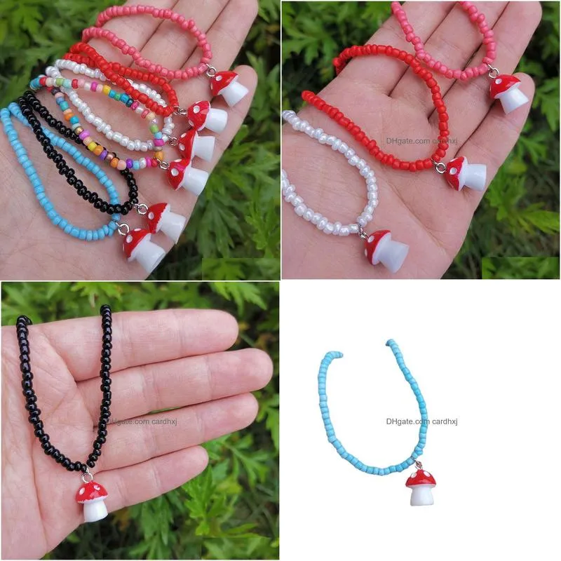 Pendant Necklaces Cute Colorf Beads Chain Mushroom Pendant Necklace For Women Girls Chokers Accessories Fashion Drop Delivery Jewelry Dh4Zu