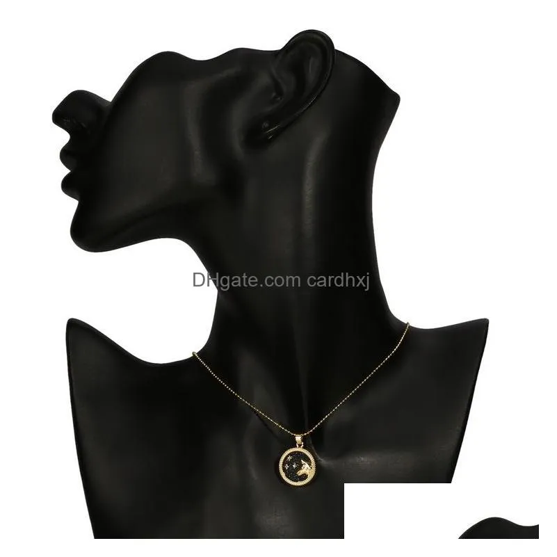Pendant Necklaces Fashion 12 Constellation Necklaces For Women Men Gold Chain Zodiac Sign Round Pendant Necklace Black And White Coupl Dh9Xd