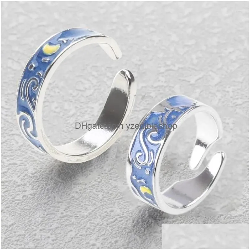 Cluster Rings Sier Plated Ring Nice Gogh Starry For Sky Open Lover Ri Drop Delivery Dhd75