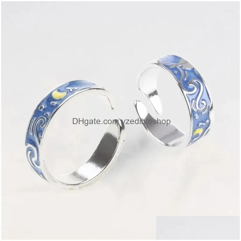 Cluster Rings Sier Plated Ring Nice Gogh Starry For Sky Open Lover Ri Drop Delivery Dhd75
