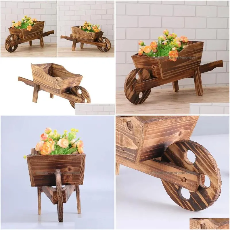 Vases 1Pcs Wooden Cart Flowerpot Fleshy Ornamental Creative Garden Household Bedroom Shop Window Plants Wheelbarrow Planter Decor Pot Dhtc5