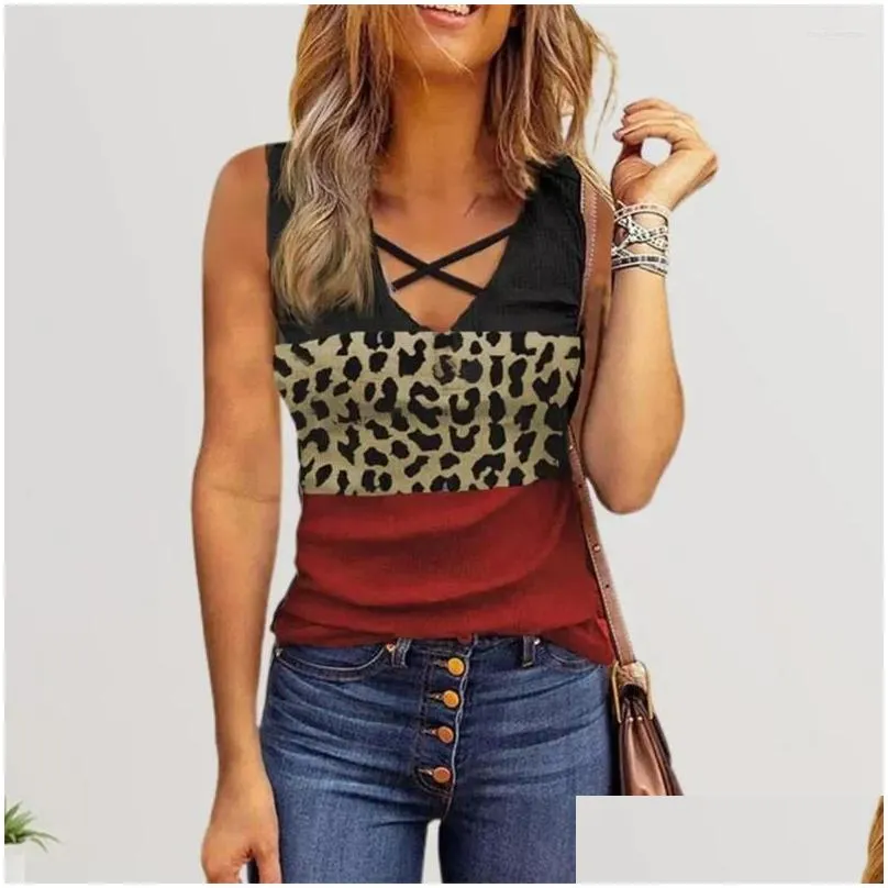 women`s blouses v-neck cross straps sleeveless summer vest slim fit breathable leopard print stitching pullover t-shirt streetwear