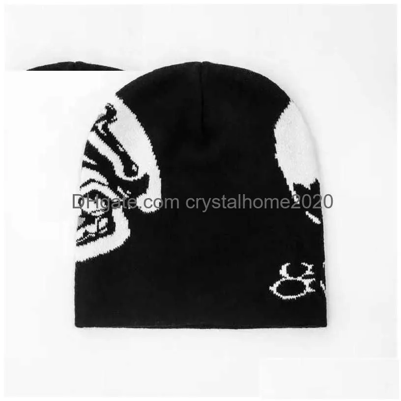 Beanie/Skl Caps Fashion Gothic Pattern Knitted Warm Hat Women Beanie Kpop Fairy Grunge Beanies Men Winter Harajuku Casual Y2K Uni Cap Dhvgj