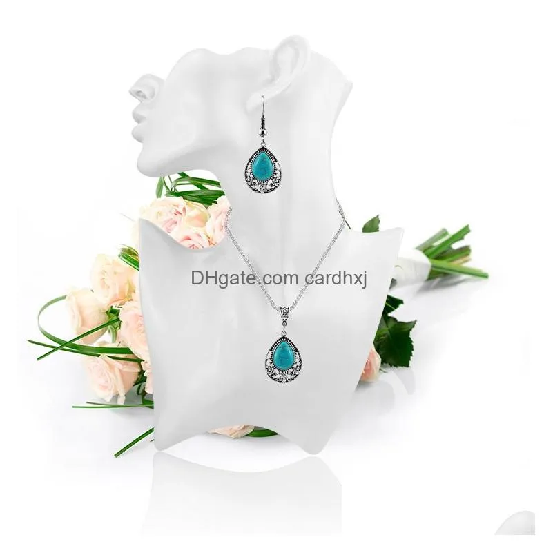 Pendant Necklaces Fashion Jewelry Sets Women Turquoise Earrings Necklace Sier Plate White Rhinestone Flower Elephant Owl Heart Cross B Dhjbp