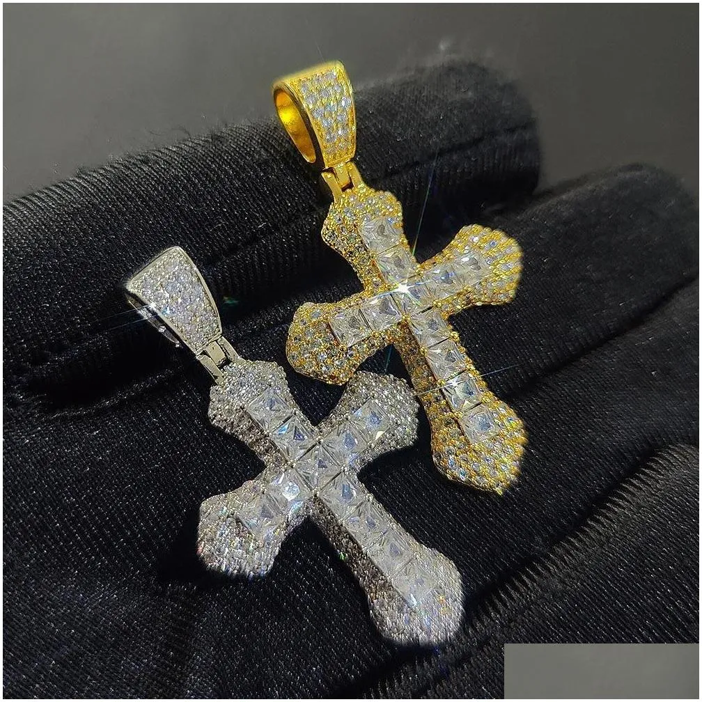 pendant necklaces shining diamond stone cross pendants necklace jewelry 18k real gold plated men women gift religious drop delivery