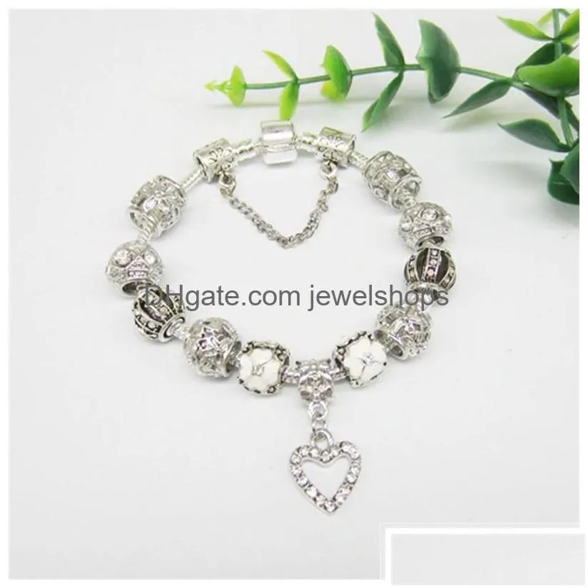 charm bracelets heart flower shape bracelets  designs 925 sier vintage beads bangle charms girls lady crystal rhinestone diamo