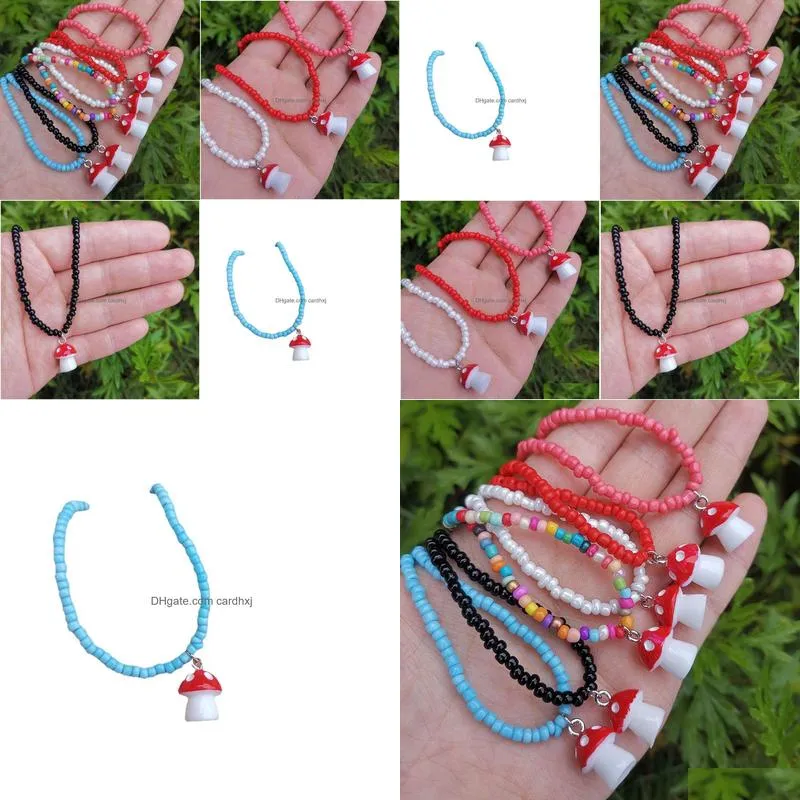 Pendant Necklaces Cute Colorf Beads Chain Mushroom Pendant Necklace For Women Girls Chokers Accessories Fashion Drop Delivery Jewelry Dh4Zu