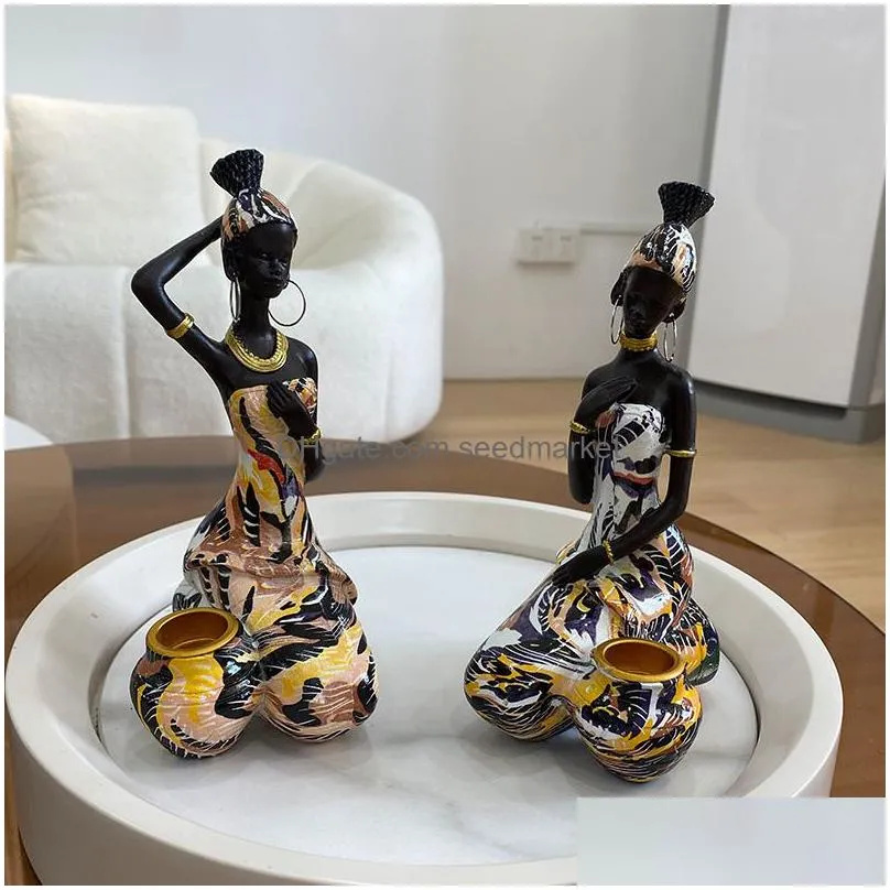 Decorative Objects & Figurines Decorative Objects Figurines Resin Black Female Candlestick African Exotic Statue Interior Decoration D Dhhye
