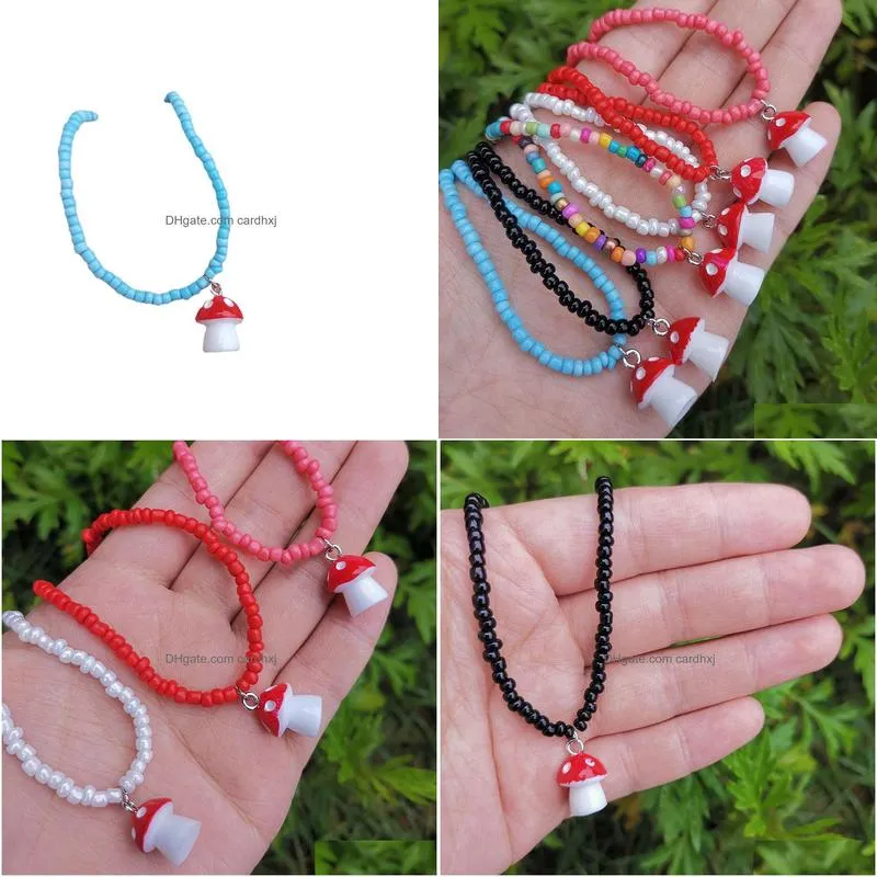 Pendant Necklaces Cute Colorf Beads Chain Mushroom Pendant Necklace For Women Girls Chokers Accessories Fashion Drop Delivery Jewelry Dh4Zu