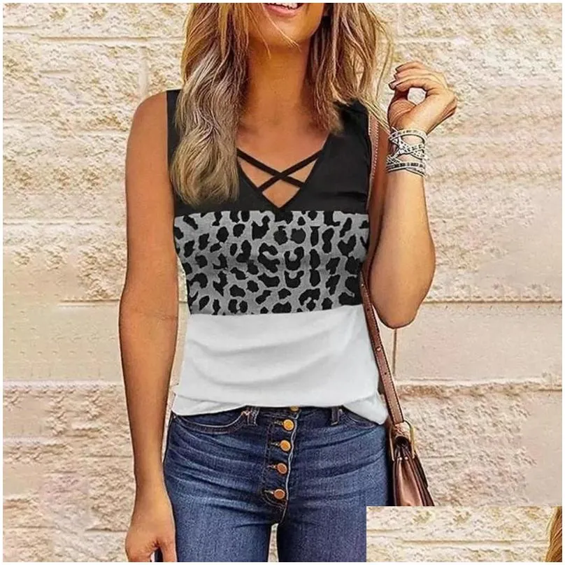women`s blouses v-neck cross straps sleeveless summer vest slim fit breathable leopard print stitching pullover t-shirt streetwear