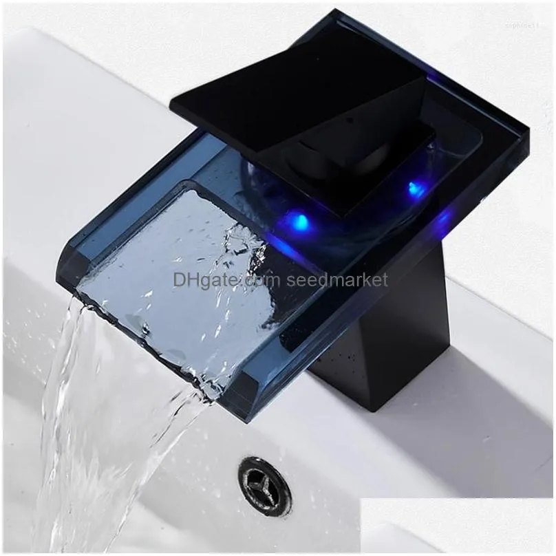 Bathroom Sink Faucets And Cold Water Led Waterfall On The Table Basin Flow Power Generation Light Mixed Vae Faucet Black Torneira Do Dhbtg