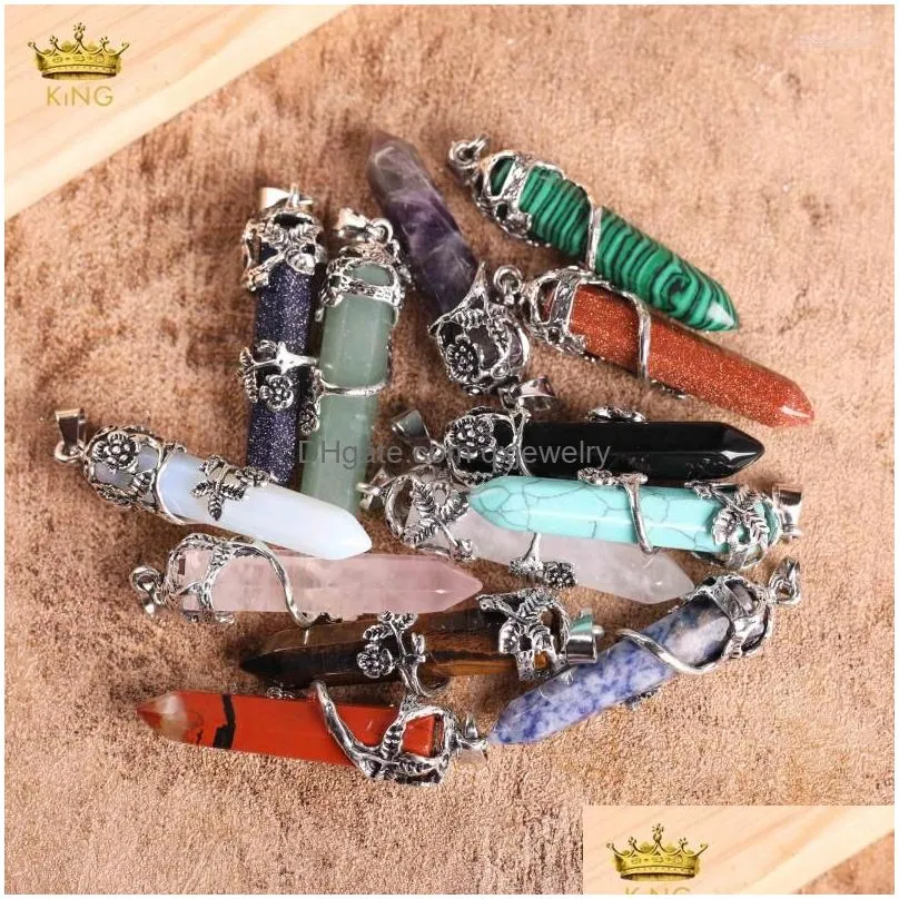 Pendant Necklaces King 5Pcs Natural Stone Point Brass Wire Wrapped Necklace Crystal Quartz Hexagon Pendum Chakra Jewelrypendant Drop Dhhjc