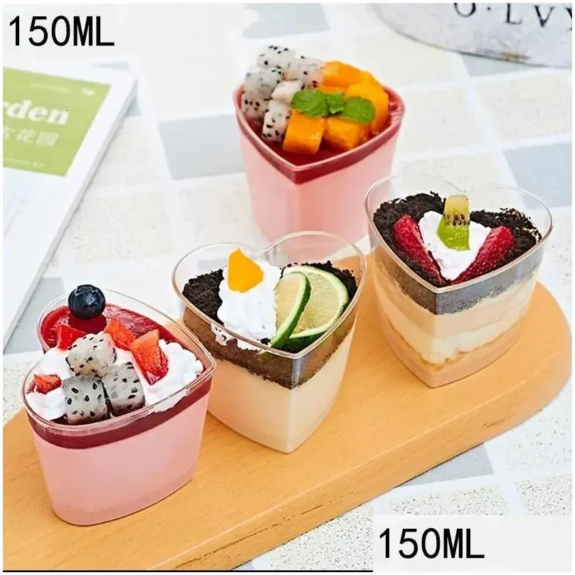 Wine Glasses Heartshaped Dish Pudding Party 30Pcs Cake Kitchen Disposable Plastic Cup 145Ml Cups Jelly Dessert Accessories 231211 Dro Dhy4N