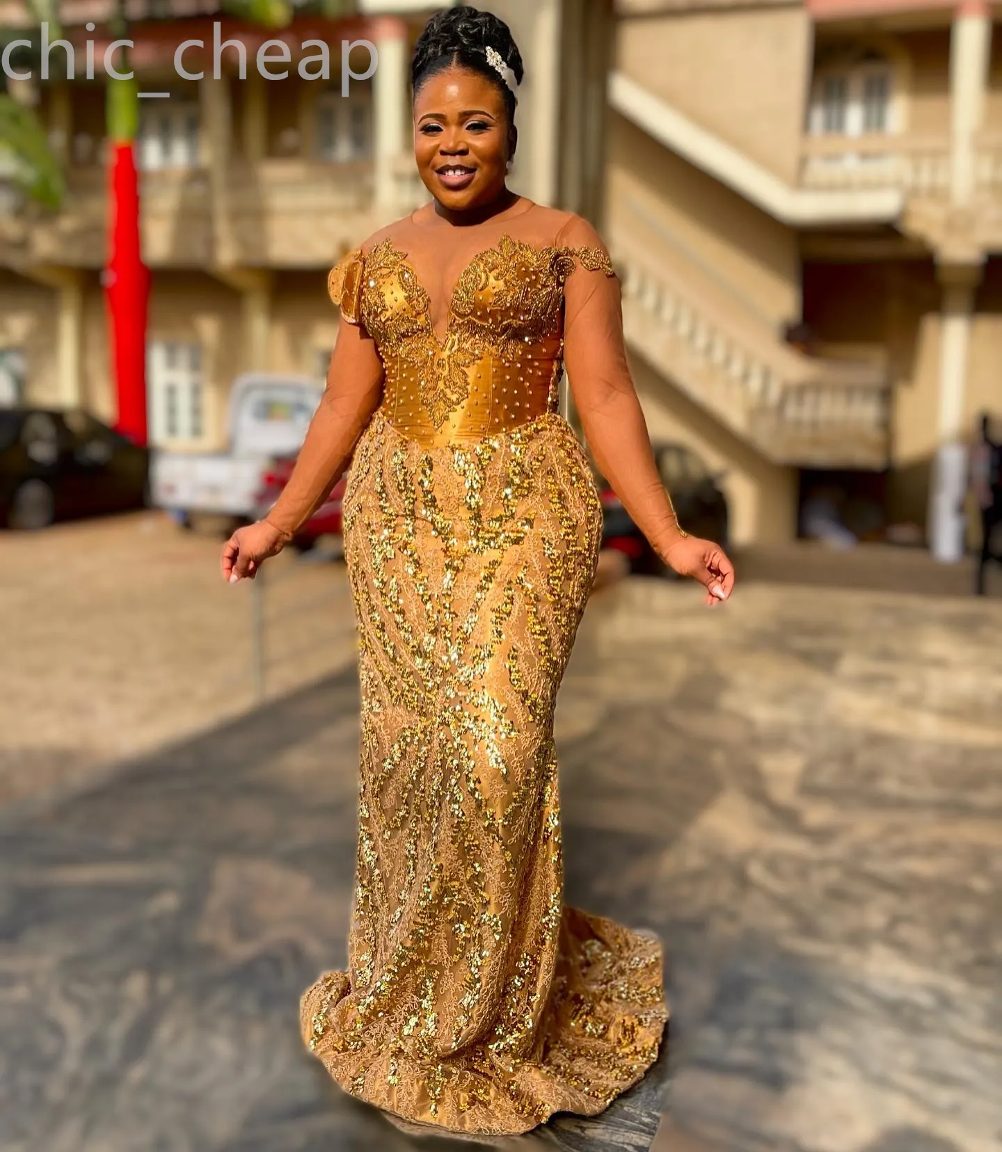 2024 Aso Ebi Gold Mermaid Prom Dress Beaded Sequined Lace Evening Formal Party Second Reception 50th Birthday Engagement Gowns Dresses Robe De Soiree ZJ97