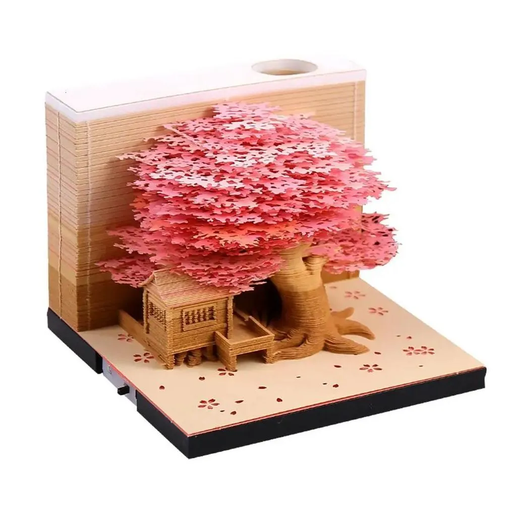 Calendar Wholesale Calendar Romantic Treehouse 3D Memo Pad Paper Carving Art Notepad With Led Lights Home Decoration Ornaments Sticky Dhql6