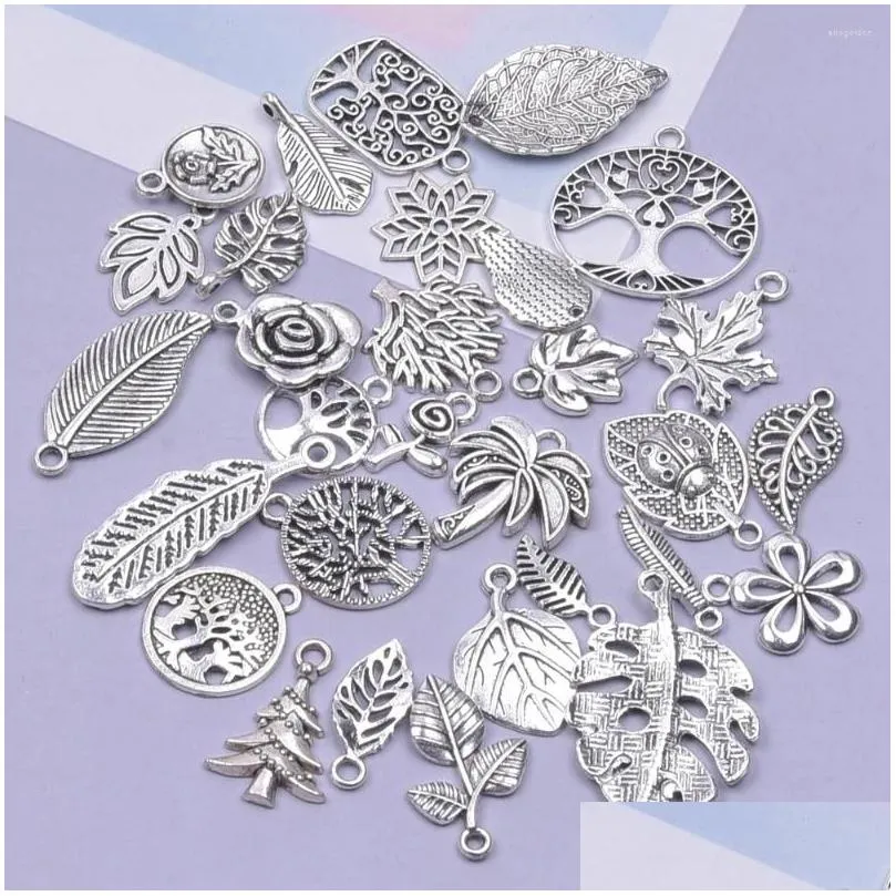 charms 30pcs random mix silver color tree flower leaf plants nature pendant jewelry making diy handmade craft accessories