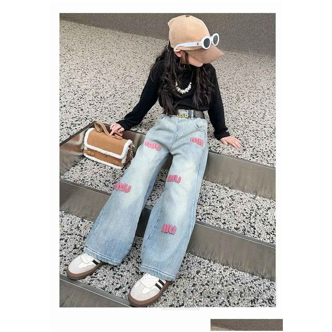 fashion big girls jeans old kids towel letter embroidered denim pants 2024 spring teenagers wide-legs  trousers z6925