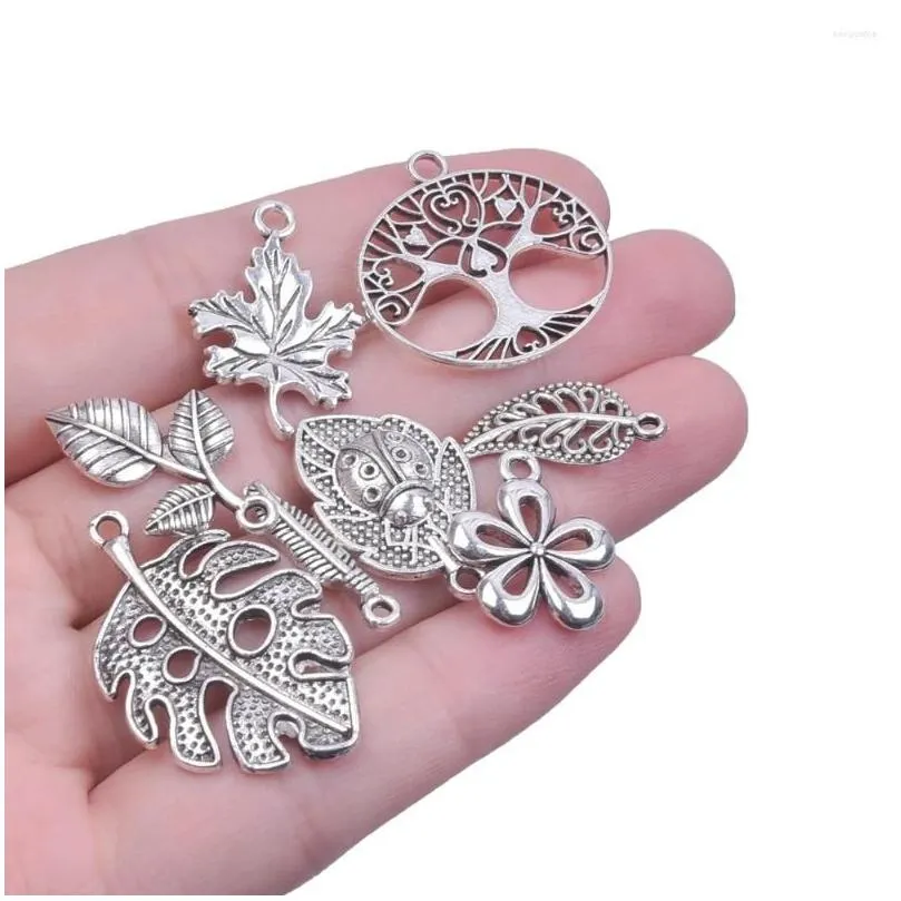 charms 30pcs random mix silver color tree flower leaf plants nature pendant jewelry making diy handmade craft accessories