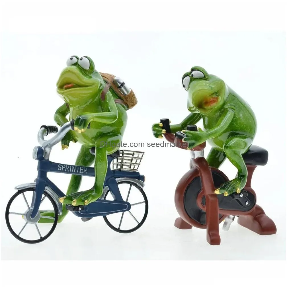 Decorative Objects & Figurines Decorative Objects Figurines 1-4Pcs 3D Resin Creative Frog Craft Thinking About Skiing Cycling Sports M Dhp0A