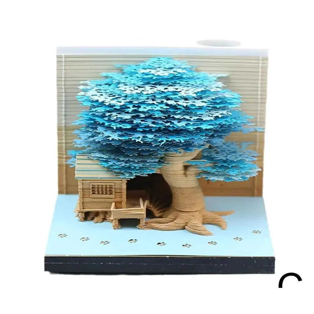 Calendar Wholesale Calendar Romantic Treehouse 3D Memo Pad Paper Carving Art Notepad With Led Lights Home Decoration Ornaments Sticky Dhql6