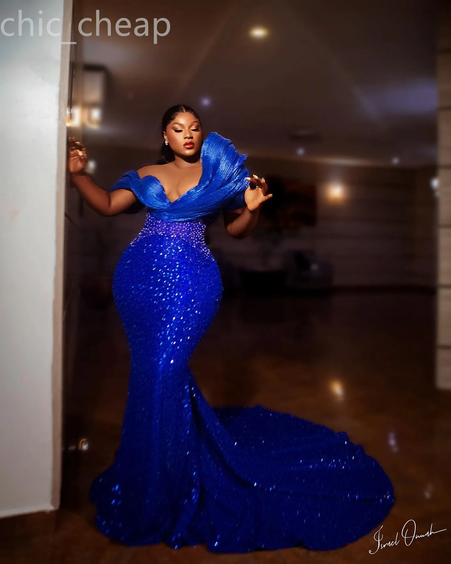 2024 Aso Ebi Royal Blue Mermaid Prom Dress Sheer Neck Beaded Evening Formal Party Second Reception 50th Birthday Engagement Gowns Dresses Robe De Soiree ZJ91