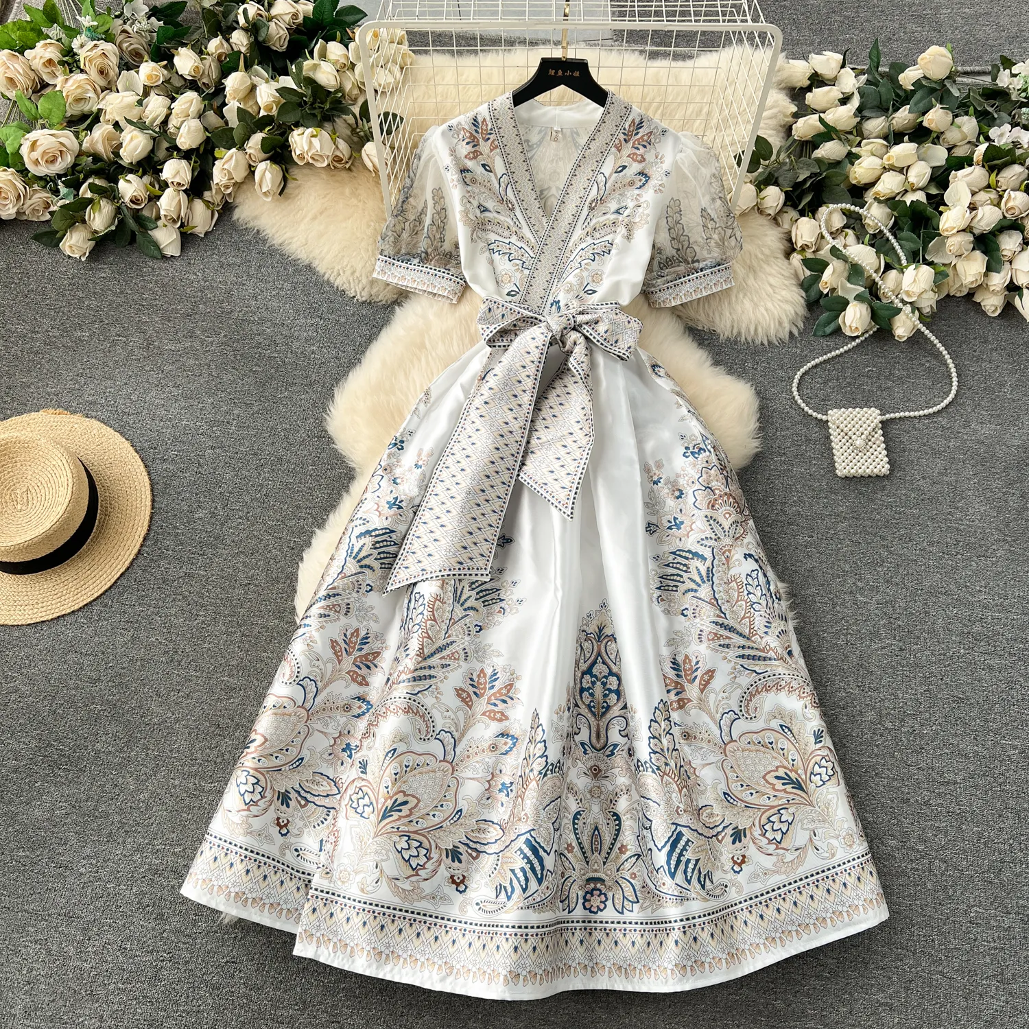 Casual Dresses Summer Bohemian Paisley Print Long Dress Women's V-Neck Short Puff Sleeve Vintage Print Bandage Lace Up Robe Vestidos Clothes 2024