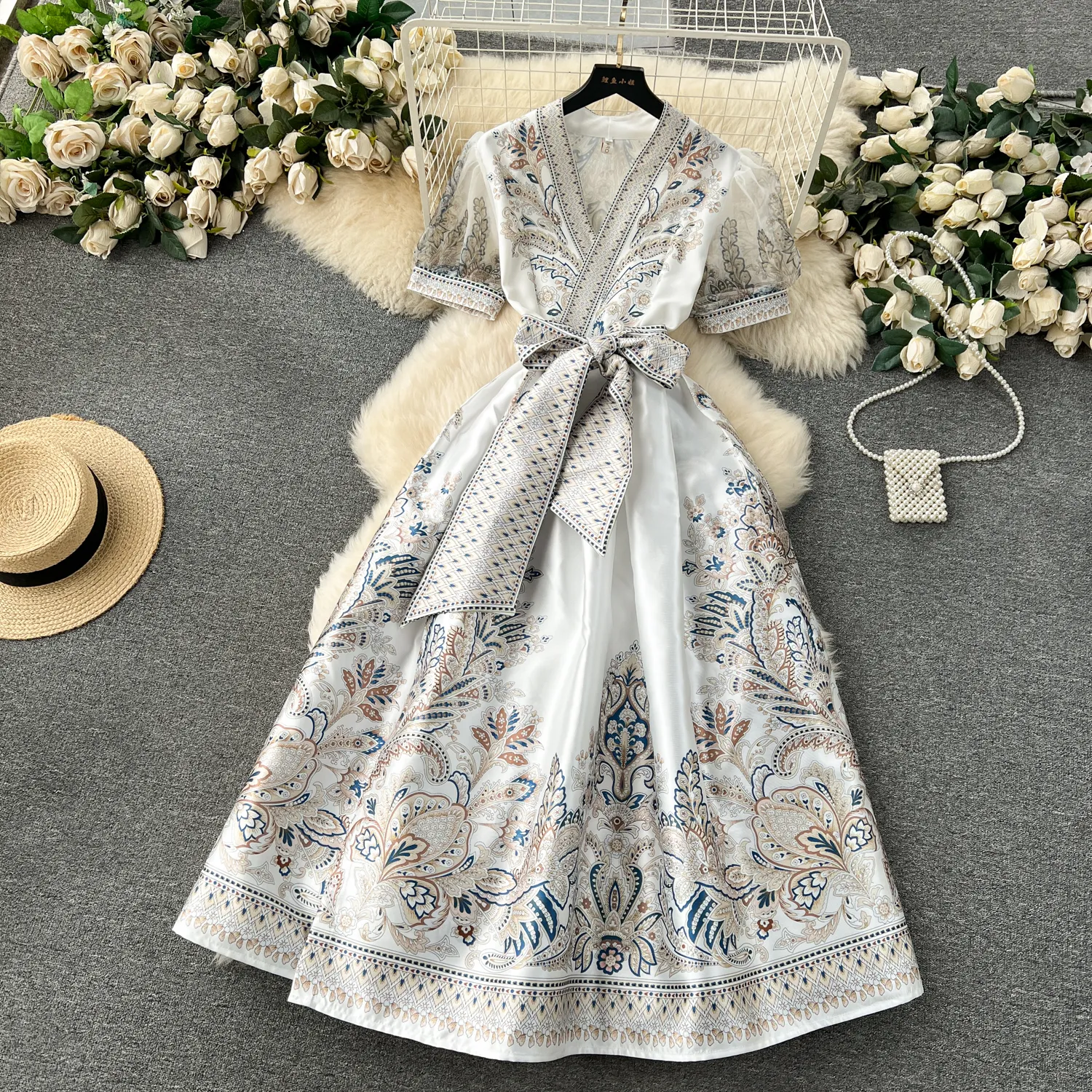 Casual Dresses Summer Bohemian Paisley Print Long Dress Women's V-Neck Short Puff Sleeve Vintage Print Bandage Lace Up Robe Vestidos Clothes 2024