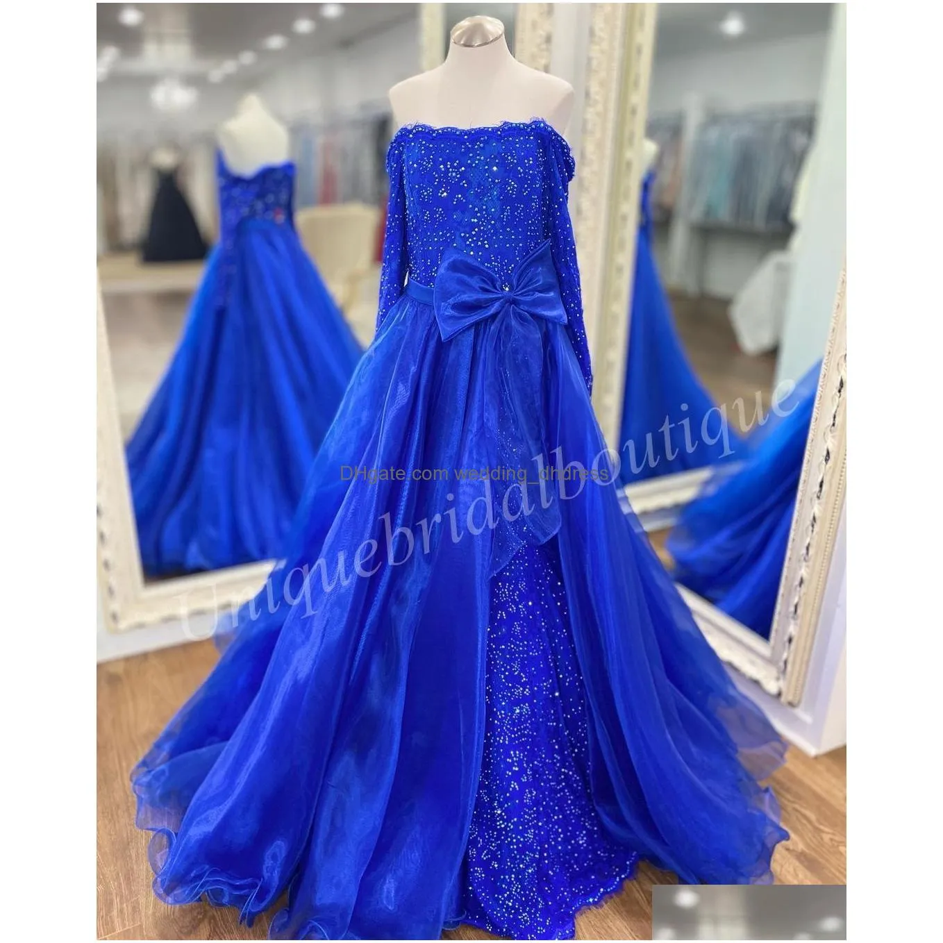 lace pageant dress 2023 detachable organza overskirt mermaid long sleeves little kid birthday formal party gown toddler teens preteen sugar royal light blue