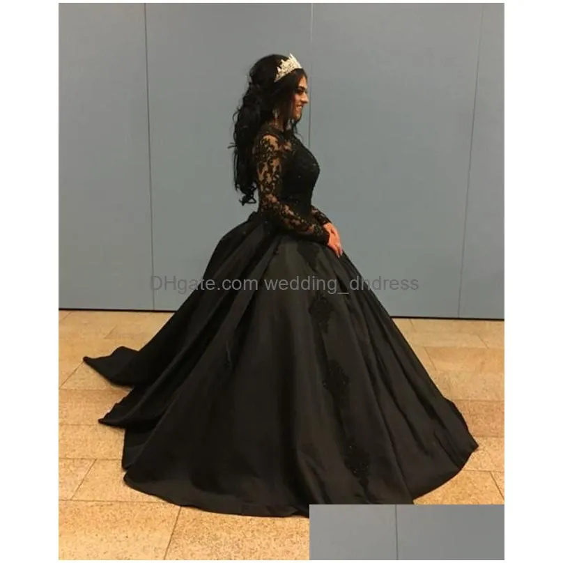 illusion long sleeve black prom ball gown quinceanera dresses 2021 jewel floral lace applique muslim evening dress graduation swee276s