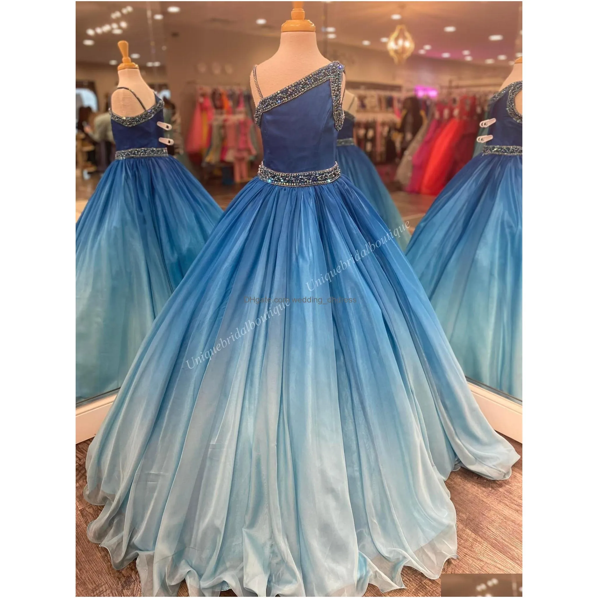 ombre blue girl pageant dresses 2024 crystals beading dress ballgown little kids birthday one-shoulder formal party wear gowns infant toddler teens