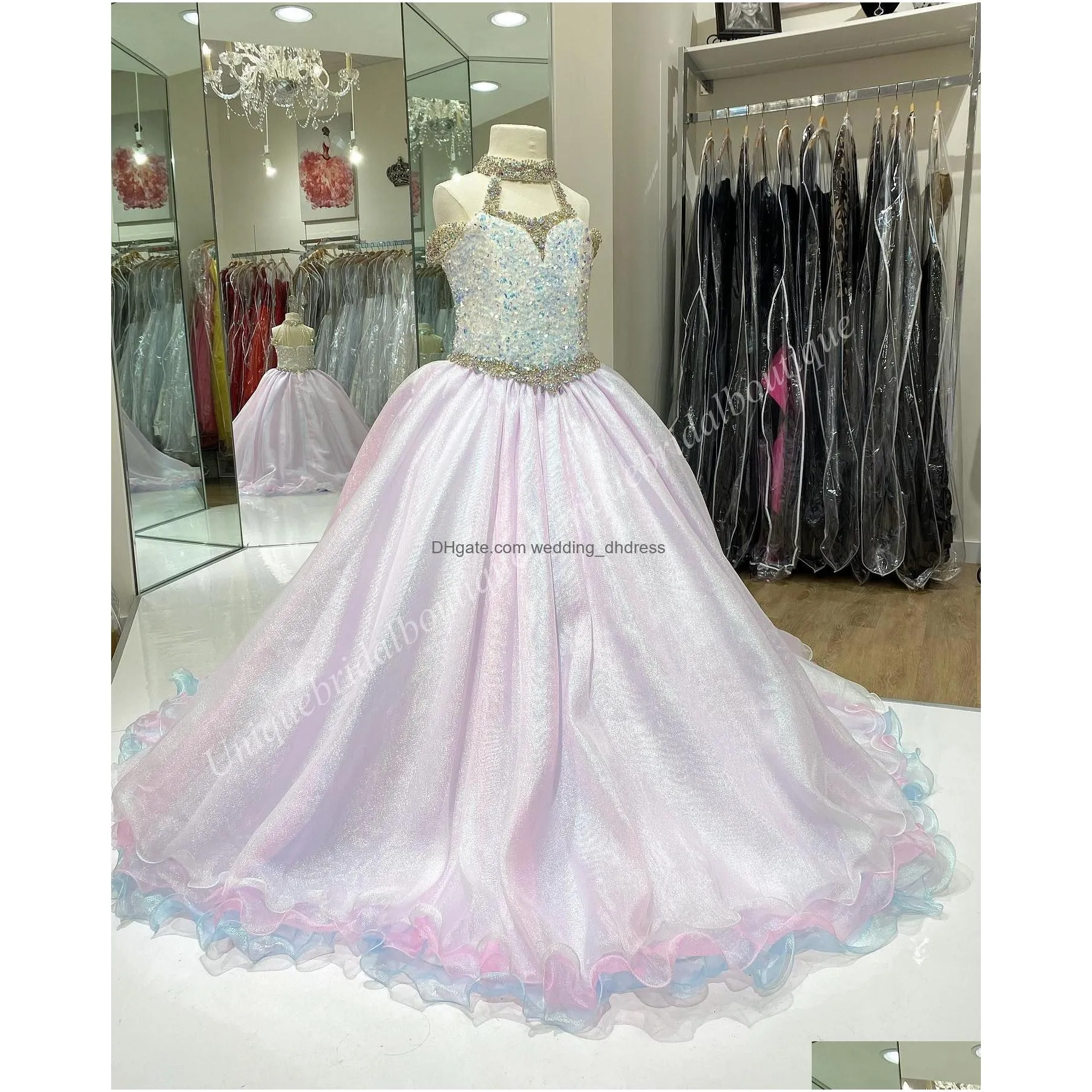 2023 girls pageant dresses unicorn plus size zipper halter neck real-picture beading organza little girl birthday junior prom gown crystal ab stones rose-gold