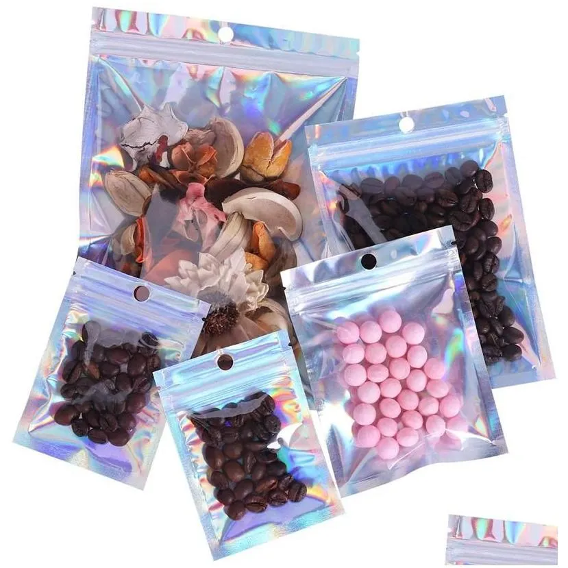 wholesale resealable smell proof bags mylar foil pouch packaging flat zipper bag for party favor food storage holographic rainbow laser