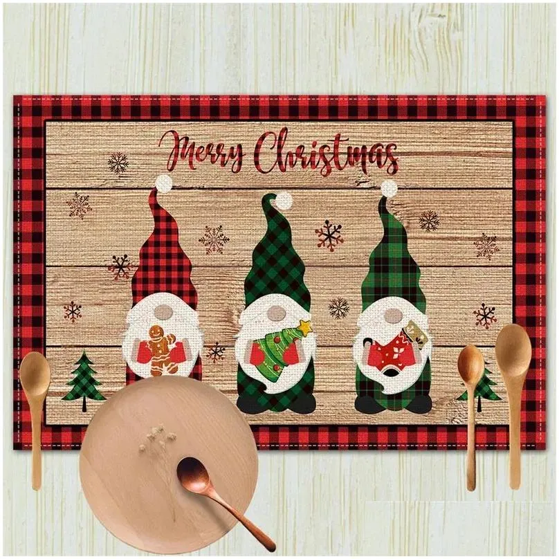 merry christmas placemats linen table mats non-slip washable waterproof plaid xmas tree snowflake pine for holiday party dining kitchen table decor