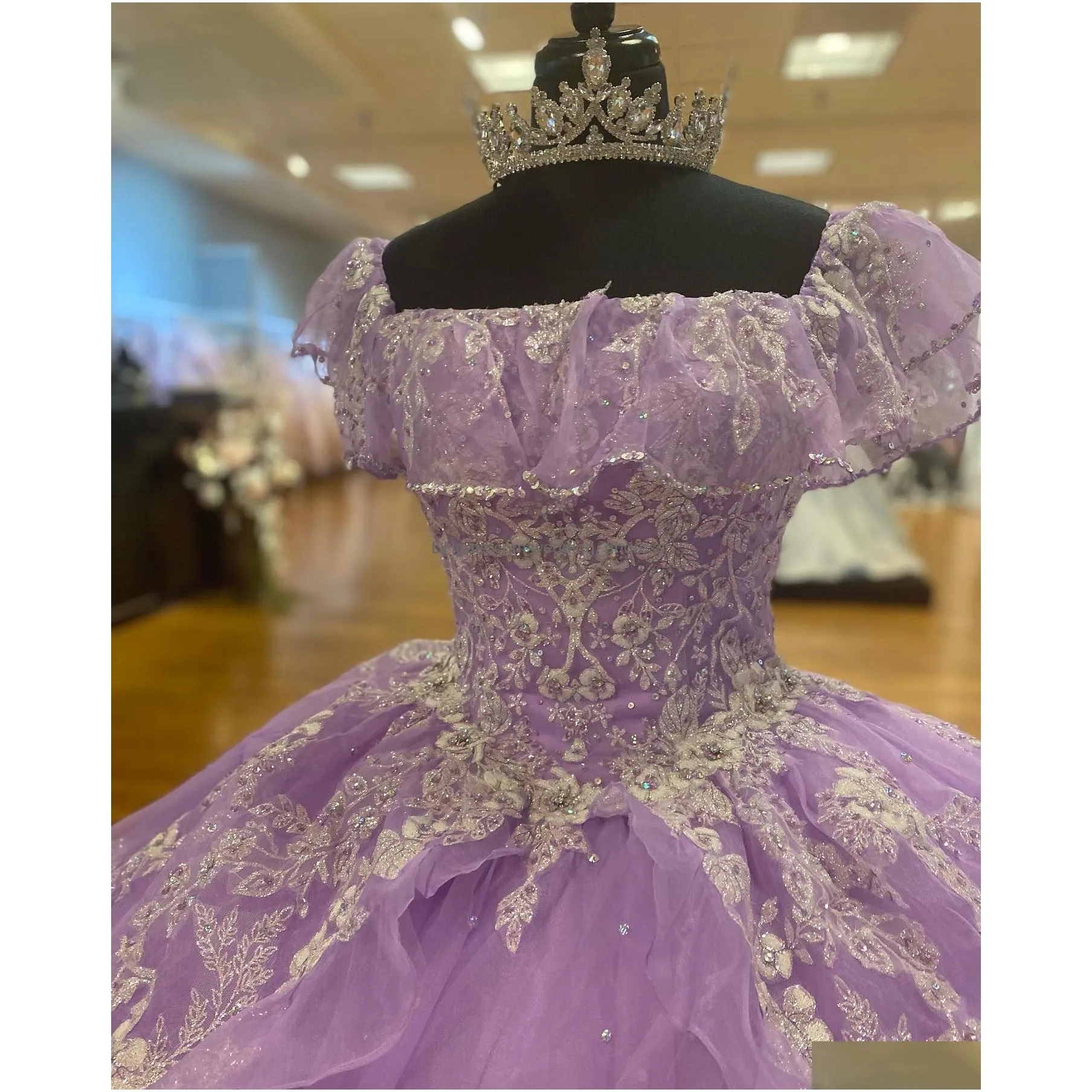 orchid quinceanera dress 2022 sweet 16 ball gown quince gowns frilled dainty flounced off-the-shoulder vestido de 15 anos glimmering sparkling crystal