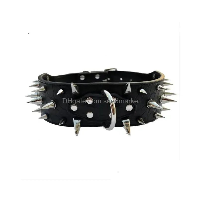 Dog Collars & Leashes Dog Collars Leashes 2 Inch Wide Domineering Collar Sharp Studded Leather Punk Anti-Bite Leash Suitable For Mediu Dhutm