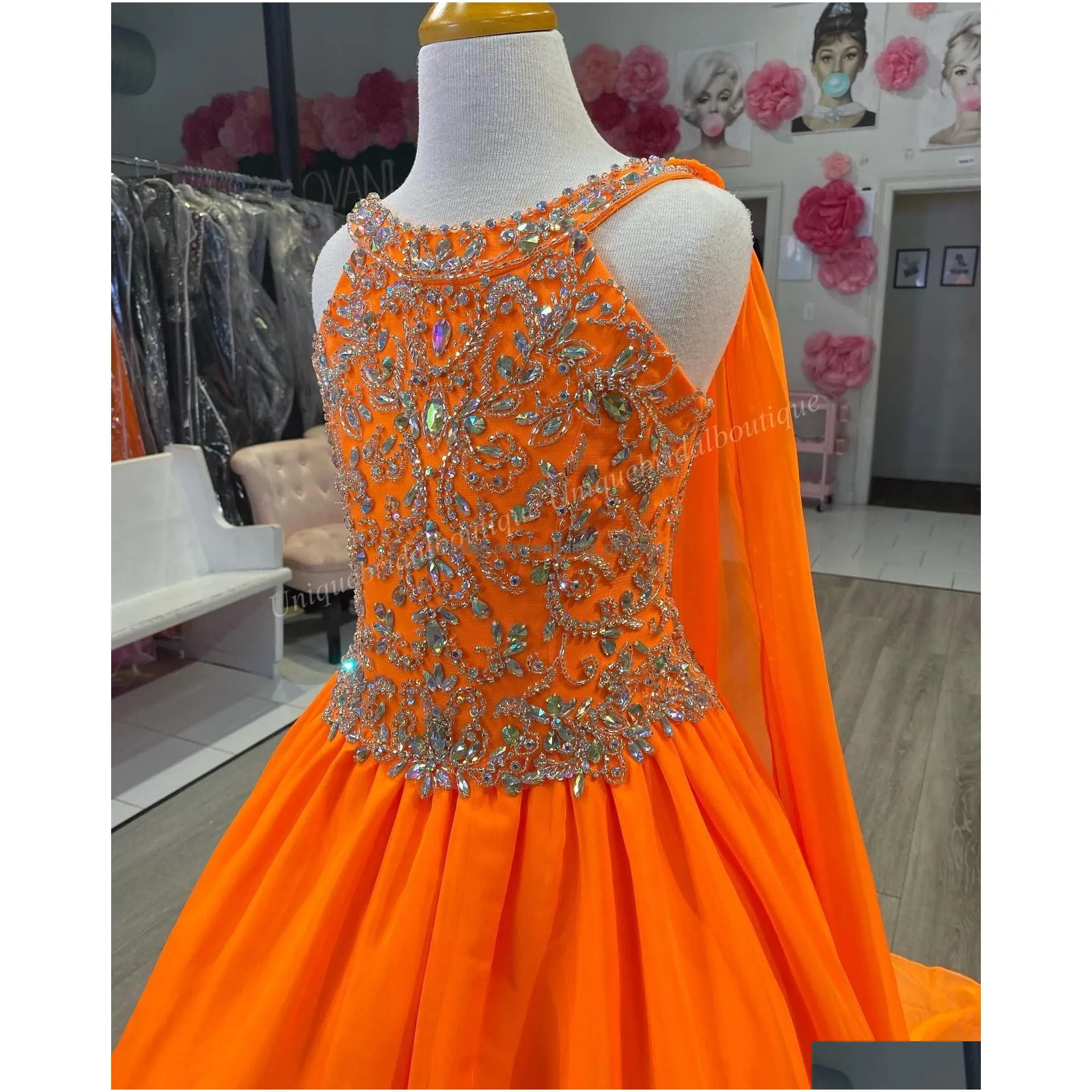 emebellished ab stoned pageant dress 2023 chiffon cape ballgown goddess neck little kid birthday formal party gown toddler teens preteen sugar orange