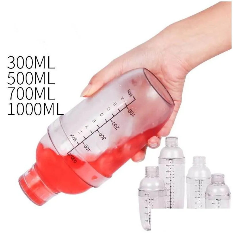 professional bar tools plastic cocktail shaker bottle with scale and strainer top clear wine mixer bottles tea measuring jigger for party