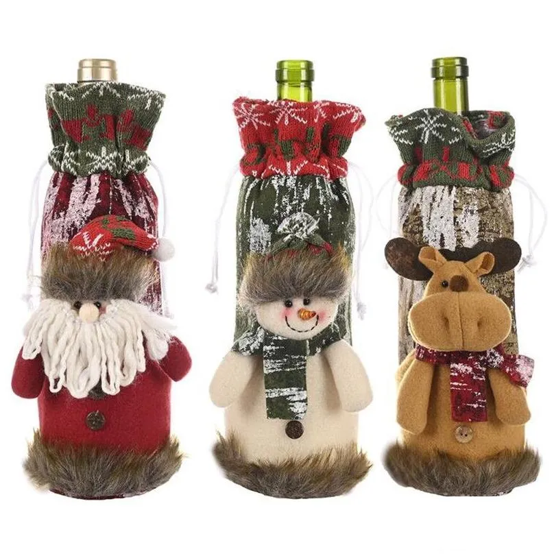 christmas decorations christmas wine bottle cover santa claus snowman deer bottles cover bags knitted sleeve dining room table home