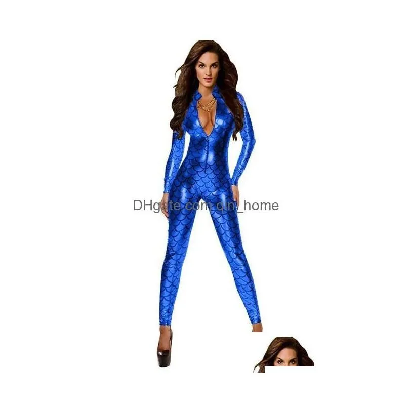 sexy costumes 4 colors fish dragon scales women jumpsuit metallic catsuit front zipper bodycon exotic mermaid cosplay ds stage drop