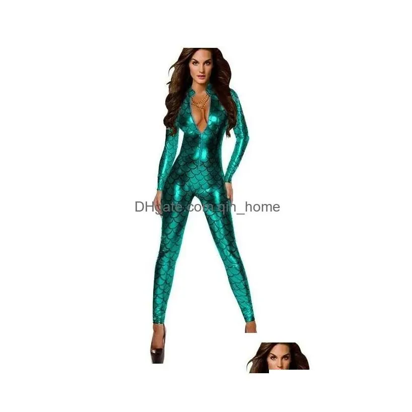 sexy costumes 4 colors fish dragon scales women jumpsuit metallic catsuit front zipper bodycon exotic mermaid cosplay ds stage drop