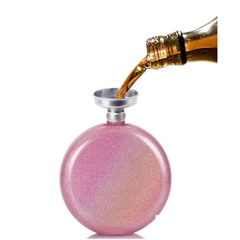 portable glitter coating 5oz hip flask stainless steel creative cute liquor flasks wine bottle with crystal lids funnel for women drink bar bbqs and