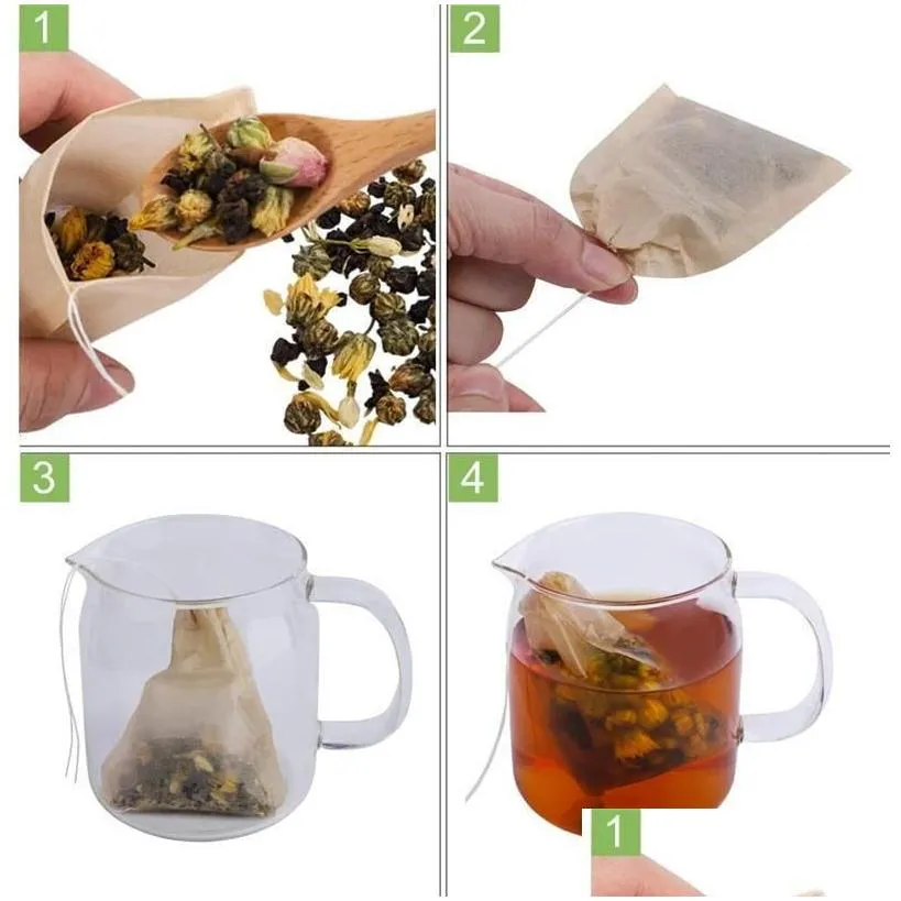 wholesale tea filter bag strainers tools natural unbleached wood pulp paper disposable infuser empty bags with drawstring pouch fy3735