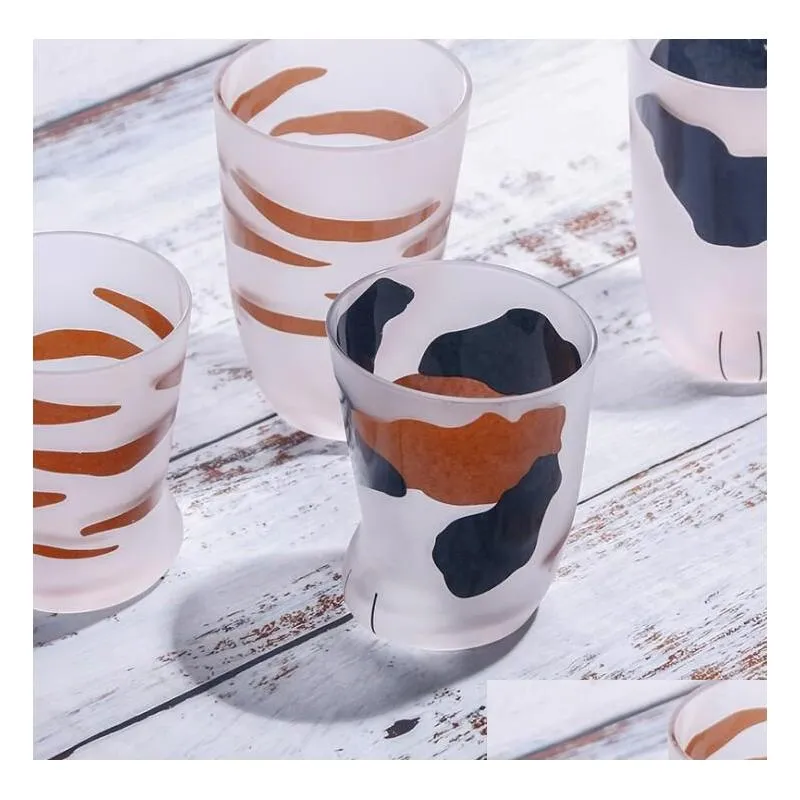 300ml 230ml cat claw cups milk glass frosted glass cup cute cat foot claw print mug cat paw coffee kids milk glass cups 10oz tumbler