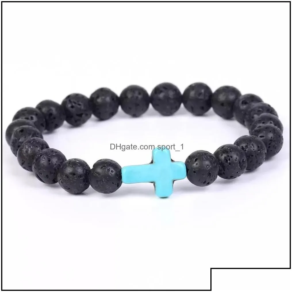 car dvr beaded strands trendy 8mm black lava stone turquoise bead cross bracelet oil diffuser volcanic beads for women men jewelry drop del
