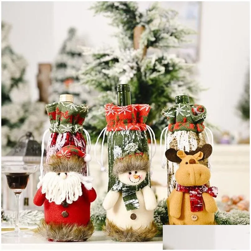 christmas decorations christmas wine bottle cover santa claus snowman deer bottles cover bags knitted sleeve dining room table home