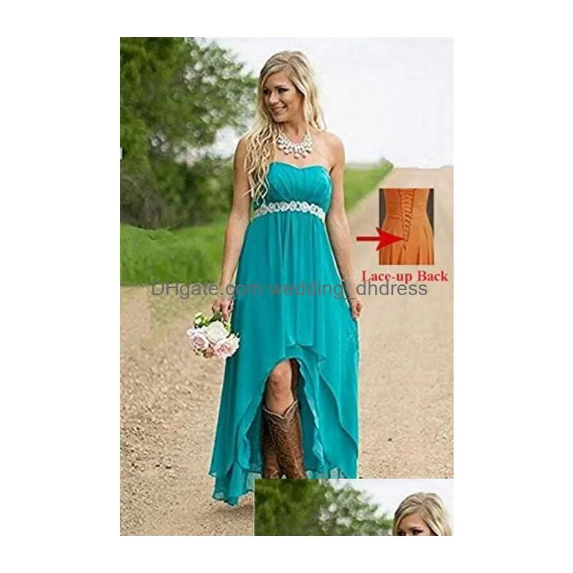 fanciest sweetheart women strapless high low country style bridesmaid dresses wedding party gowns turquoise with crystal bea202q